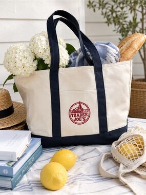Trader Joe's Canvas Boat Tote Bag Embroidered Logo Navy Natural Pockets HTF